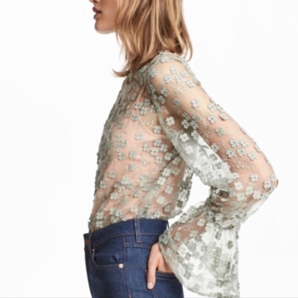 H&M Floral Lace Bell/Flare Sleeve Sheer Blouse